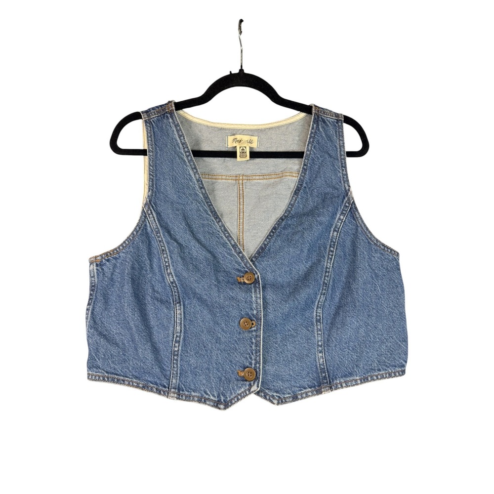Madewell Denim Vest Medium Wash Button Front Hemp Tencel Blend Blue Size 14
